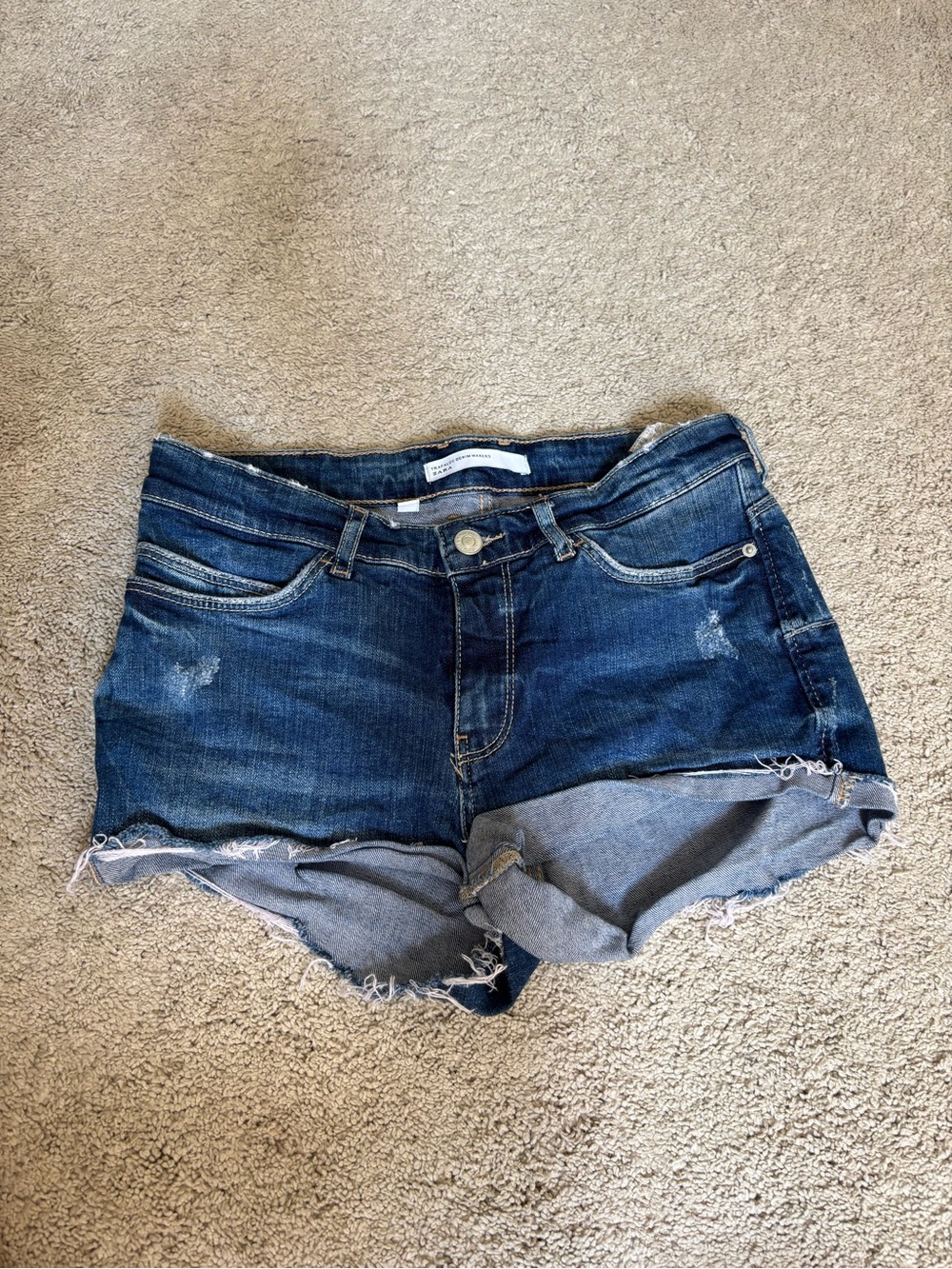 Zara Dark Blue Distressed Denim Roll-Hem Shorts